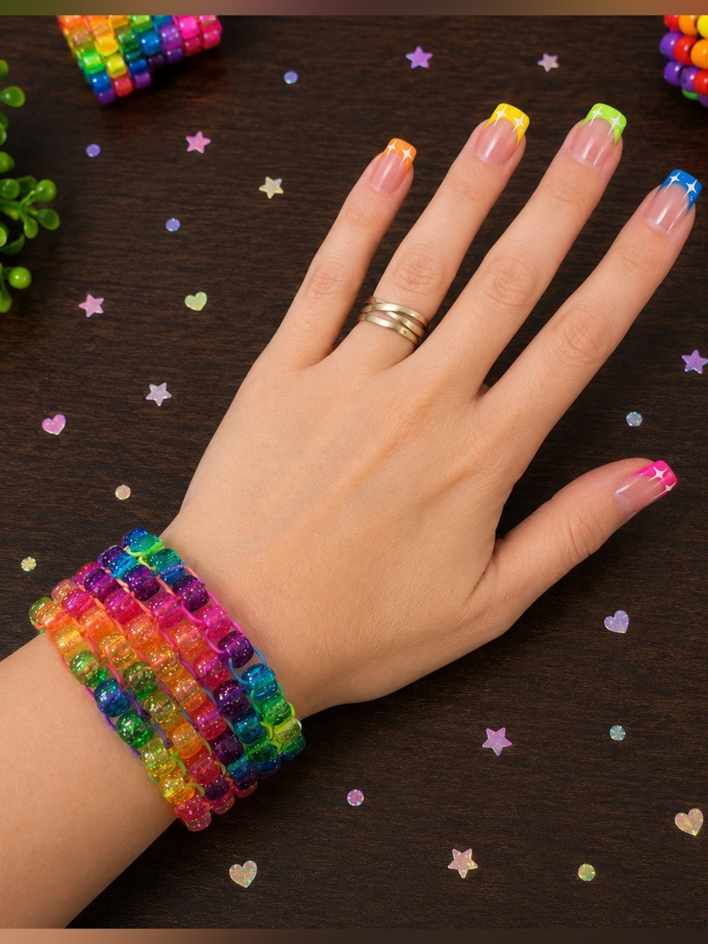 Festival rainbow glow Kandi kids glitter cuff bracelet “ bratz” color theme.